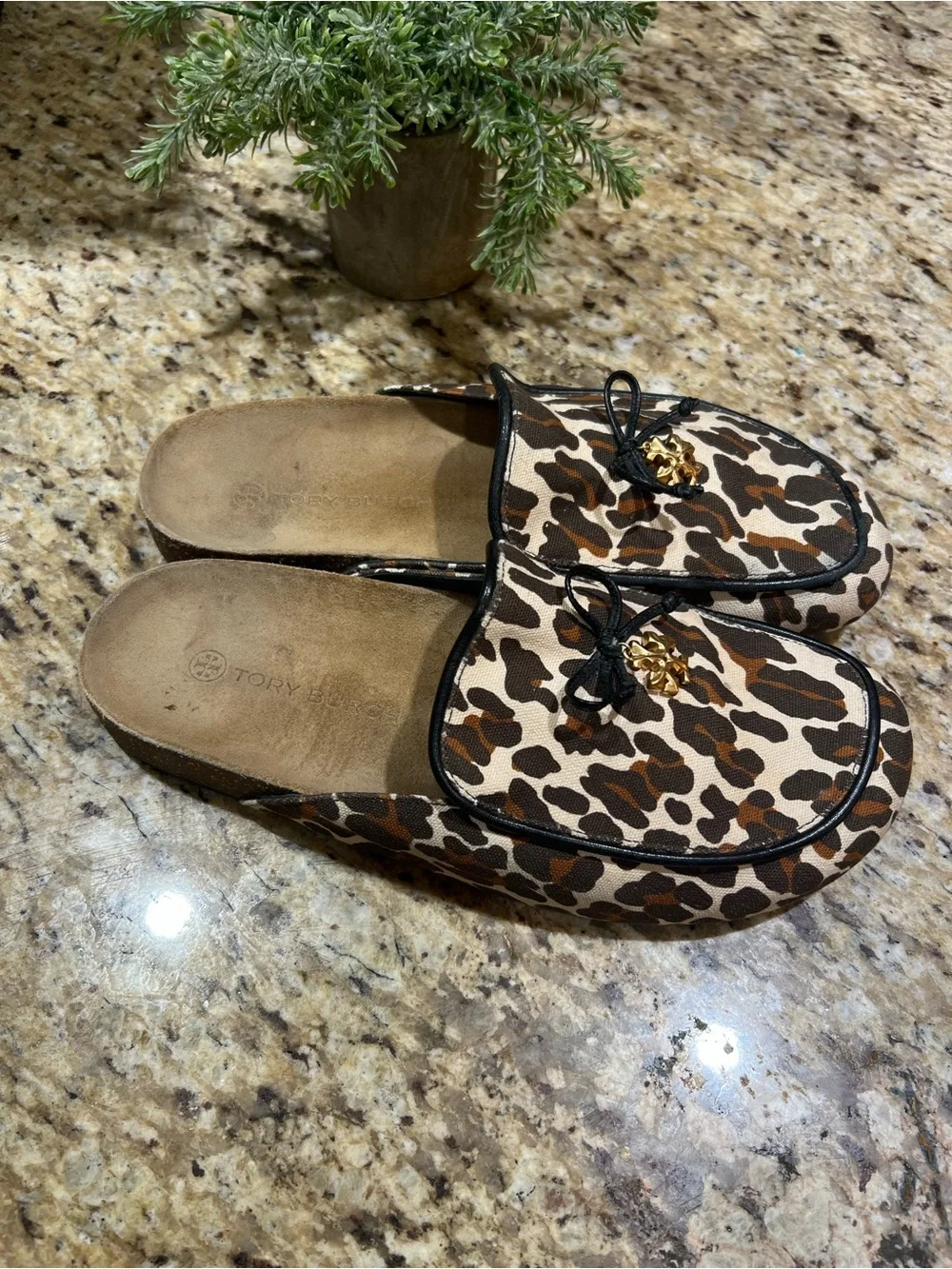 Tory Burch Leo Charm Leopard Print Slip-On Mules with Gold Accent 10M